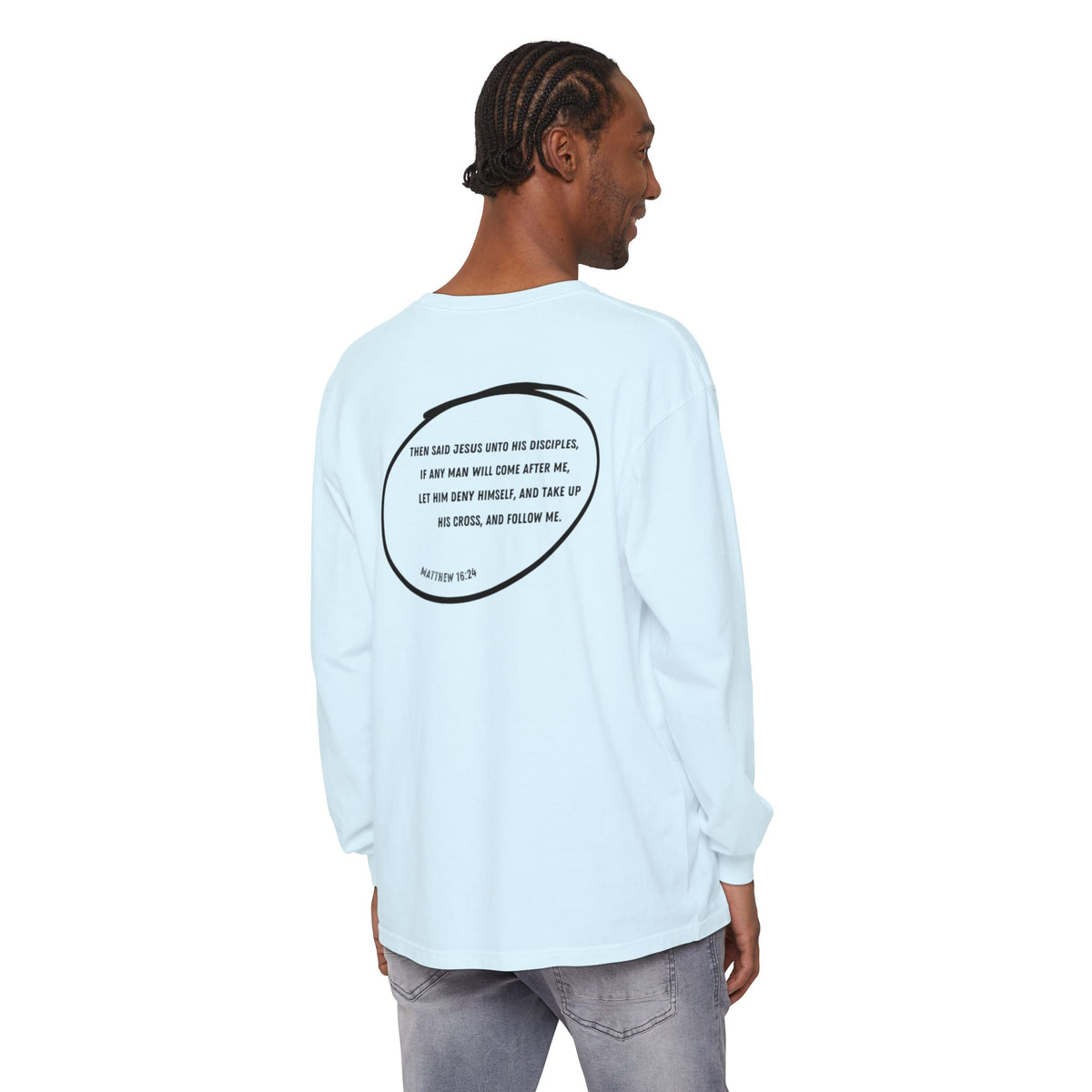 CROSS- Matthew 16:24 (long sleeve in Ivory, Grey or Chambray)