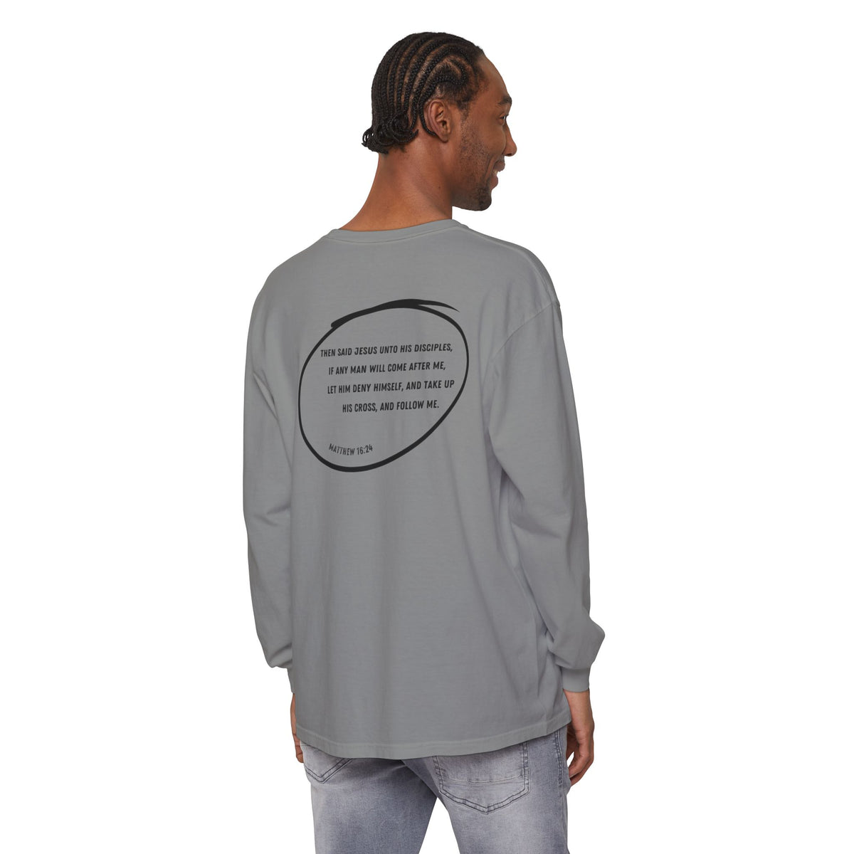 CROSS- Matthew 16:24 (long sleeve in Ivory, Grey or Chambray)