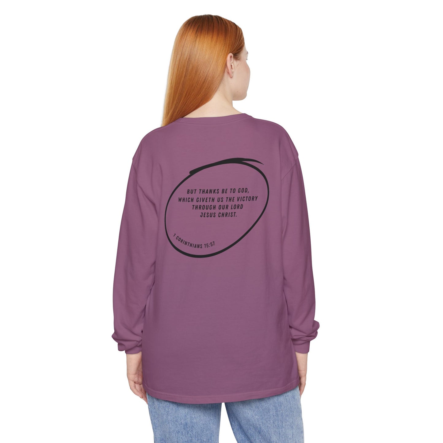 VICTORY - 1 Corinthians 15:57 (long sleeve in Sandstone, Blue Jean or Berry)