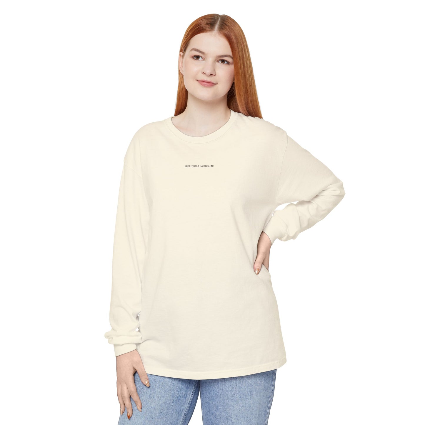 HARD FOUGHT HALLELUJAH - Romans 8:28 (long sleeve in Ivory, Grey or Blue Jean)