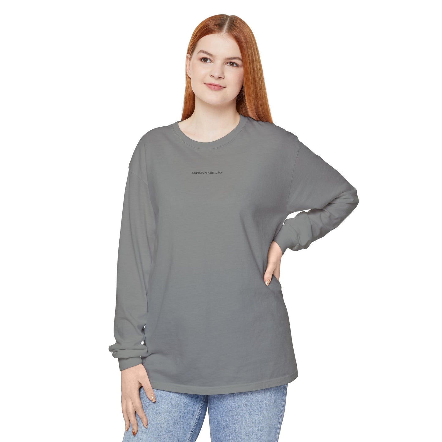 HARD FOUGHT HALLELUJAH - Romans 8:28 (long sleeve in Ivory, Grey or Blue Jean)