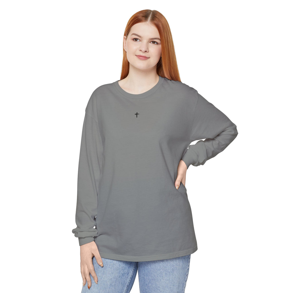 CROSS- Matthew 16:24 (long sleeve in Ivory, Grey or Chambray)