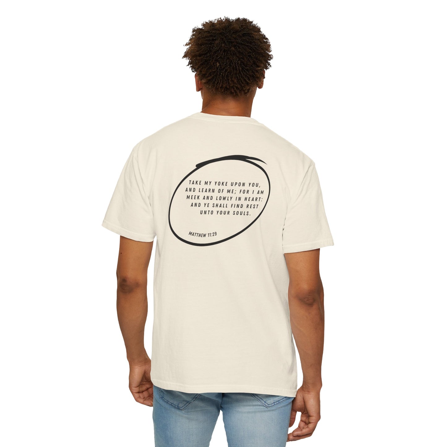 YOKED - Matthew 11:29 (short sleeve in Washed Denim, Bay or Ivory)