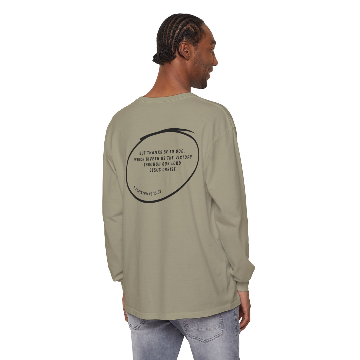 VICTORY - 1 Corinthians 15:57 (long sleeve in Sandstone, Blue Jean or Berry)