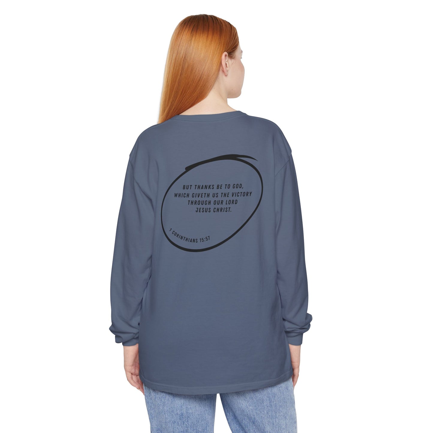 VICTORY - 1 Corinthians 15:57 (long sleeve in Sandstone, Blue Jean or Berry)