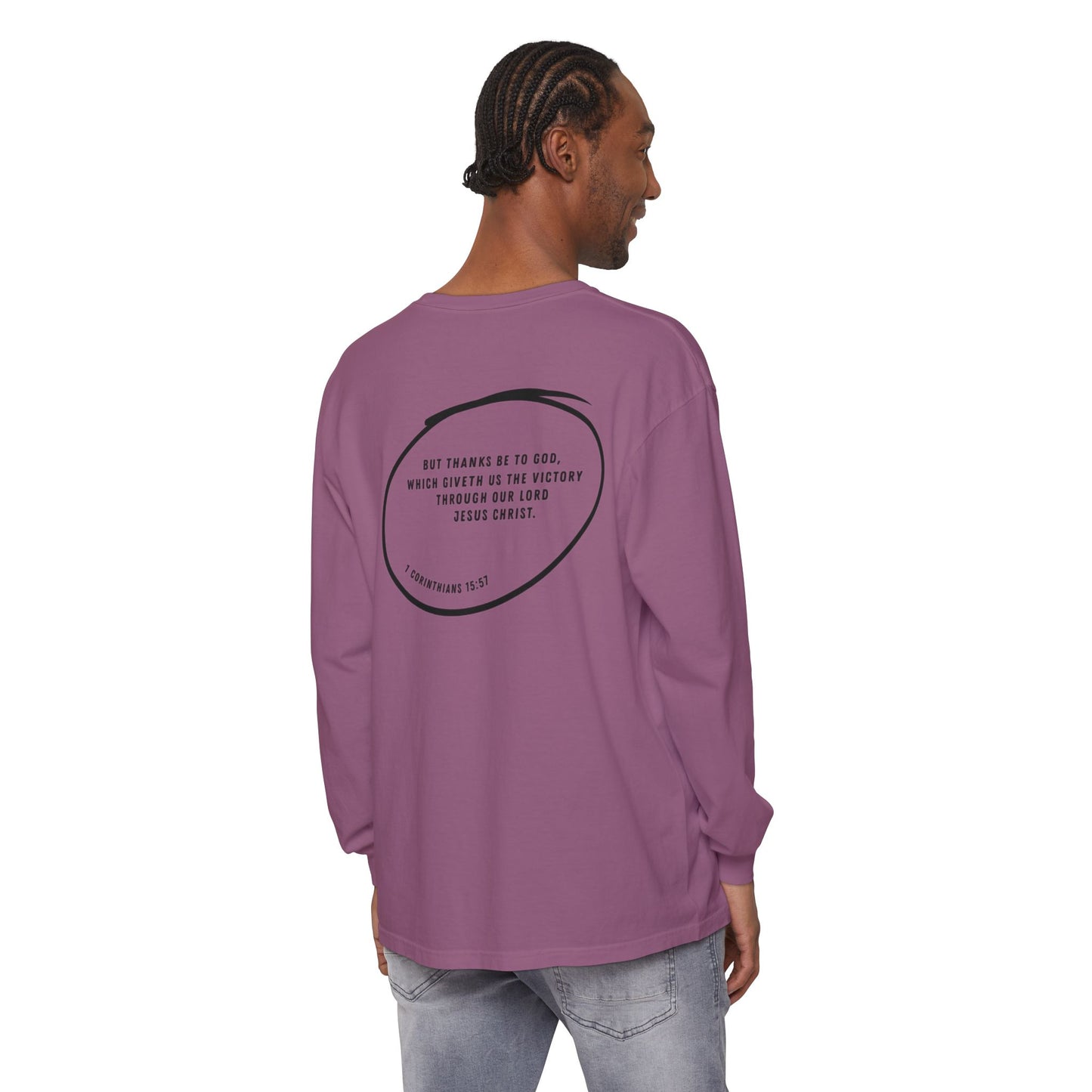 VICTORY - 1 Corinthians 15:57 (long sleeve in Sandstone, Blue Jean or Berry)