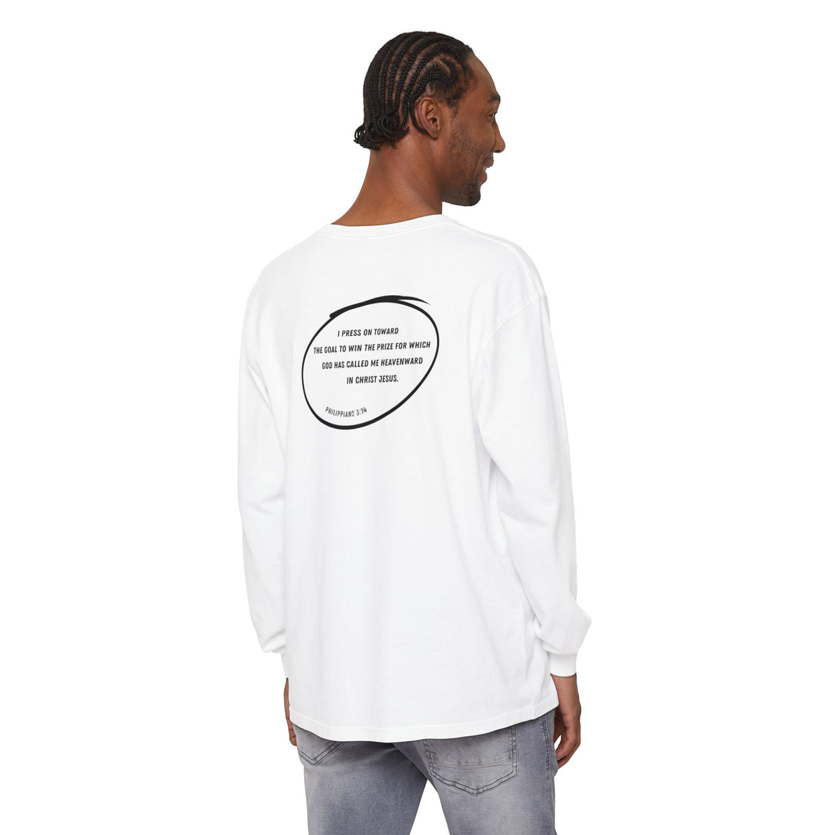 RELENTLESSLY DETERMINED - Philippians 3:14 (long sleeve in White, Granite or Blue Jean)