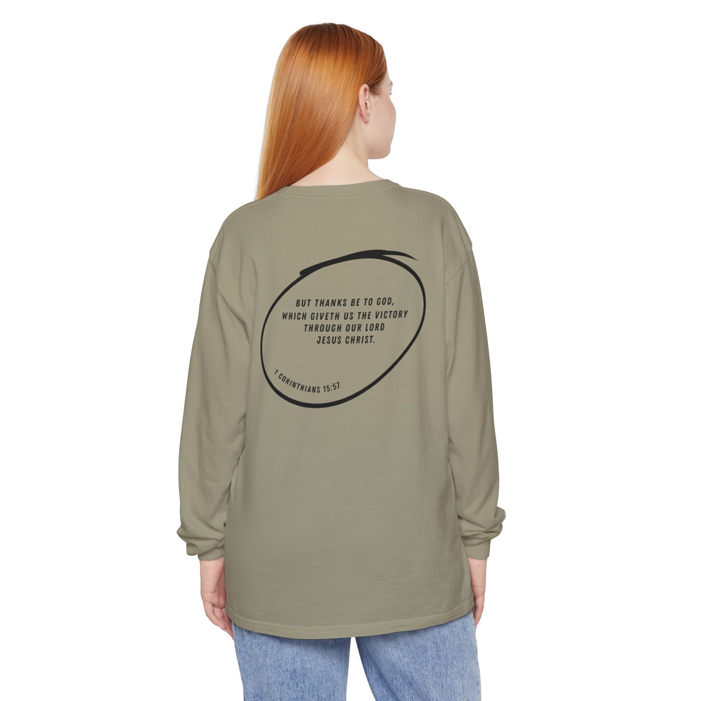 VICTORY - 1 Corinthians 15:57 (long sleeve in Sandstone, Blue Jean or Berry)