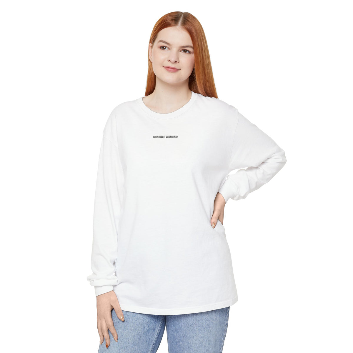 RELENTLESSLY DETERMINED - Philippians 3:14 (long sleeve in White, Granite or Blue Jean)