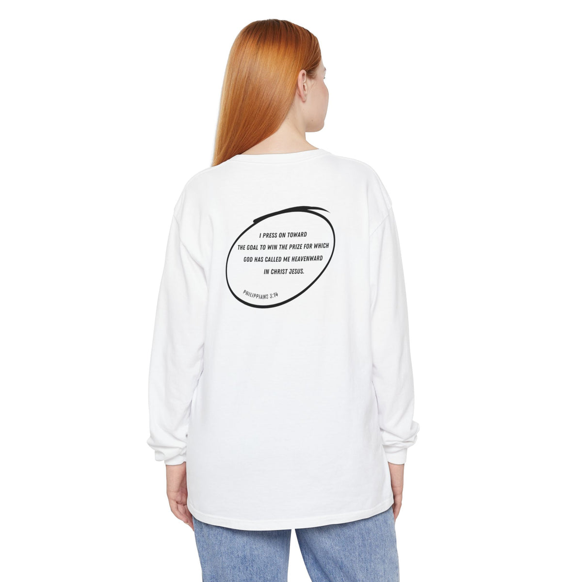 RELENTLESSLY DETERMINED - Philippians 3:14 (long sleeve in White, Granite or Blue Jean)