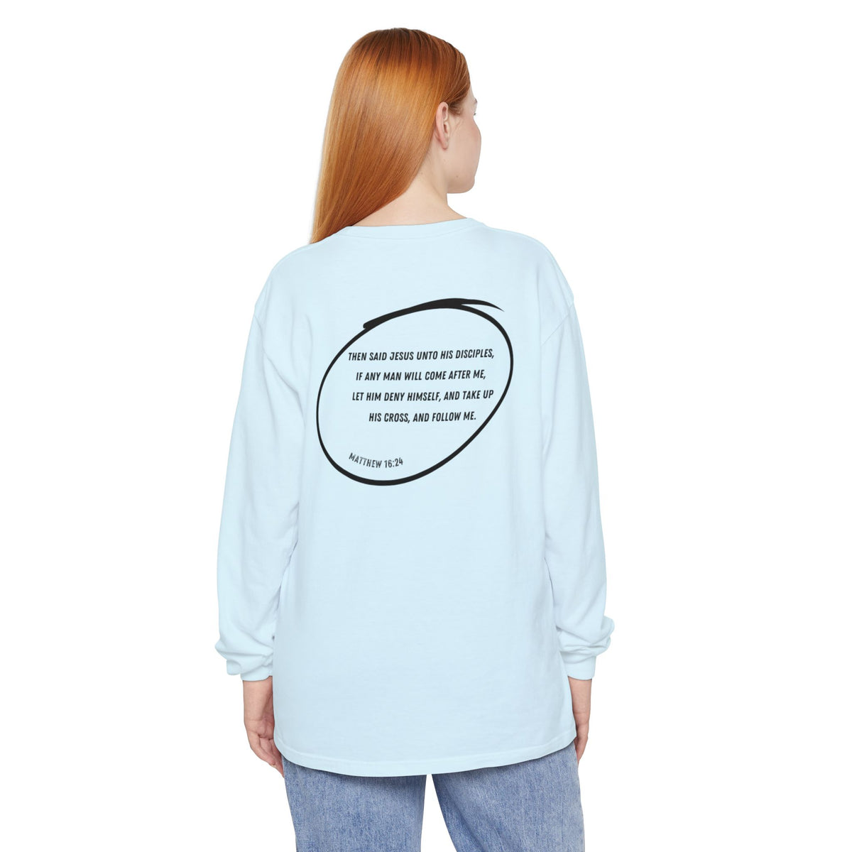 CROSS- Matthew 16:24 (long sleeve in Ivory, Grey or Chambray)