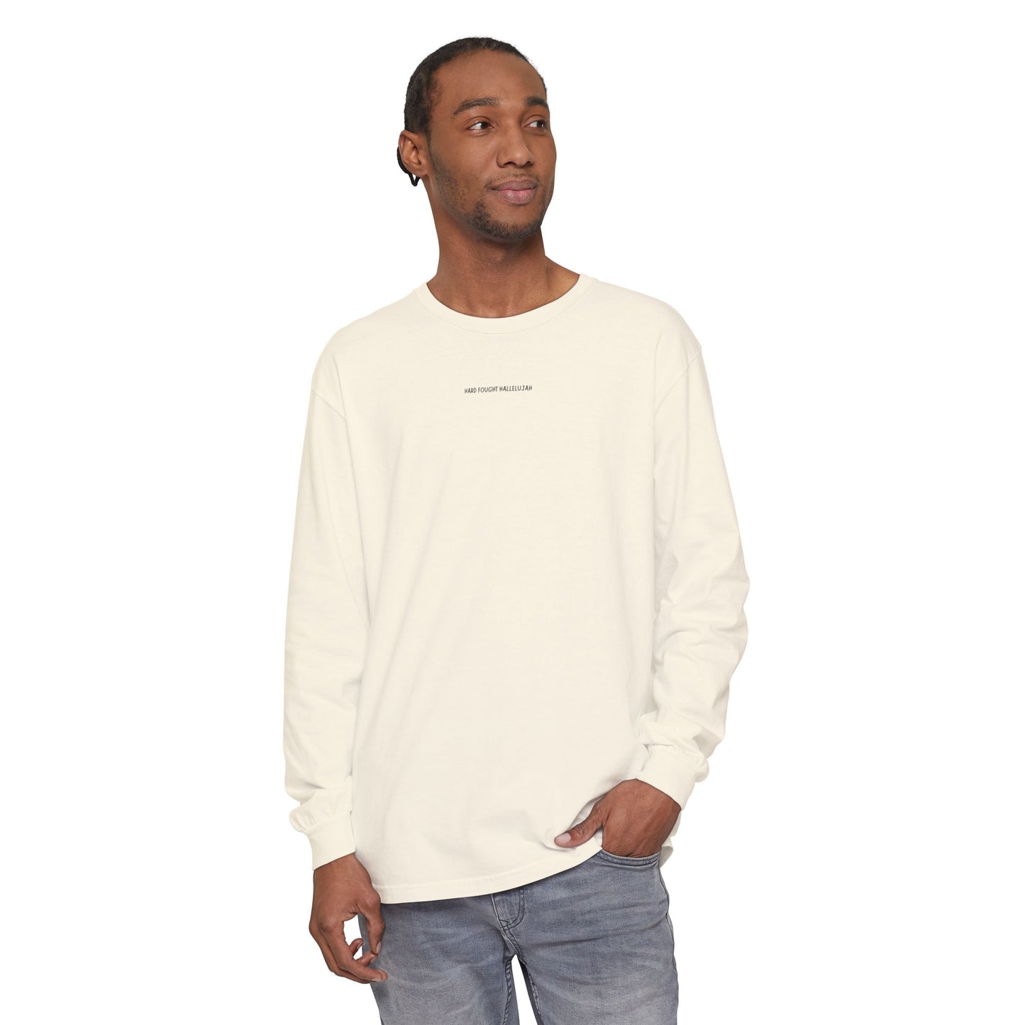 HARD FOUGHT HALLELUJAH - Romans 8:28 (long sleeve in Ivory, Grey or Blue Jean)